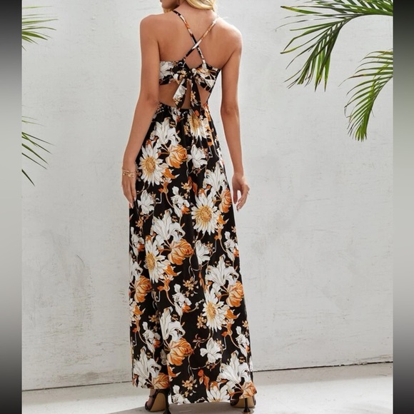 Boho Floral Print Criss Cross Lace Maxi Crochet Dress Cottagecore - Picture 2 of 9